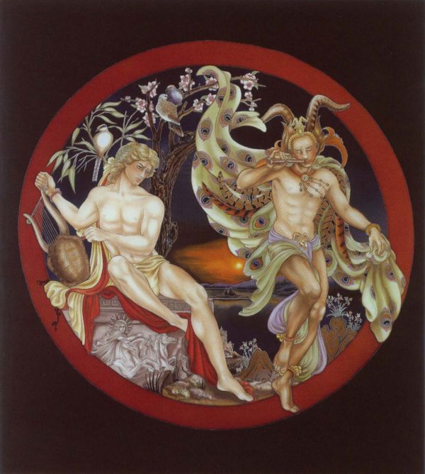 Apollon et Marsyas - Peinture sur soie © Anne-Lan